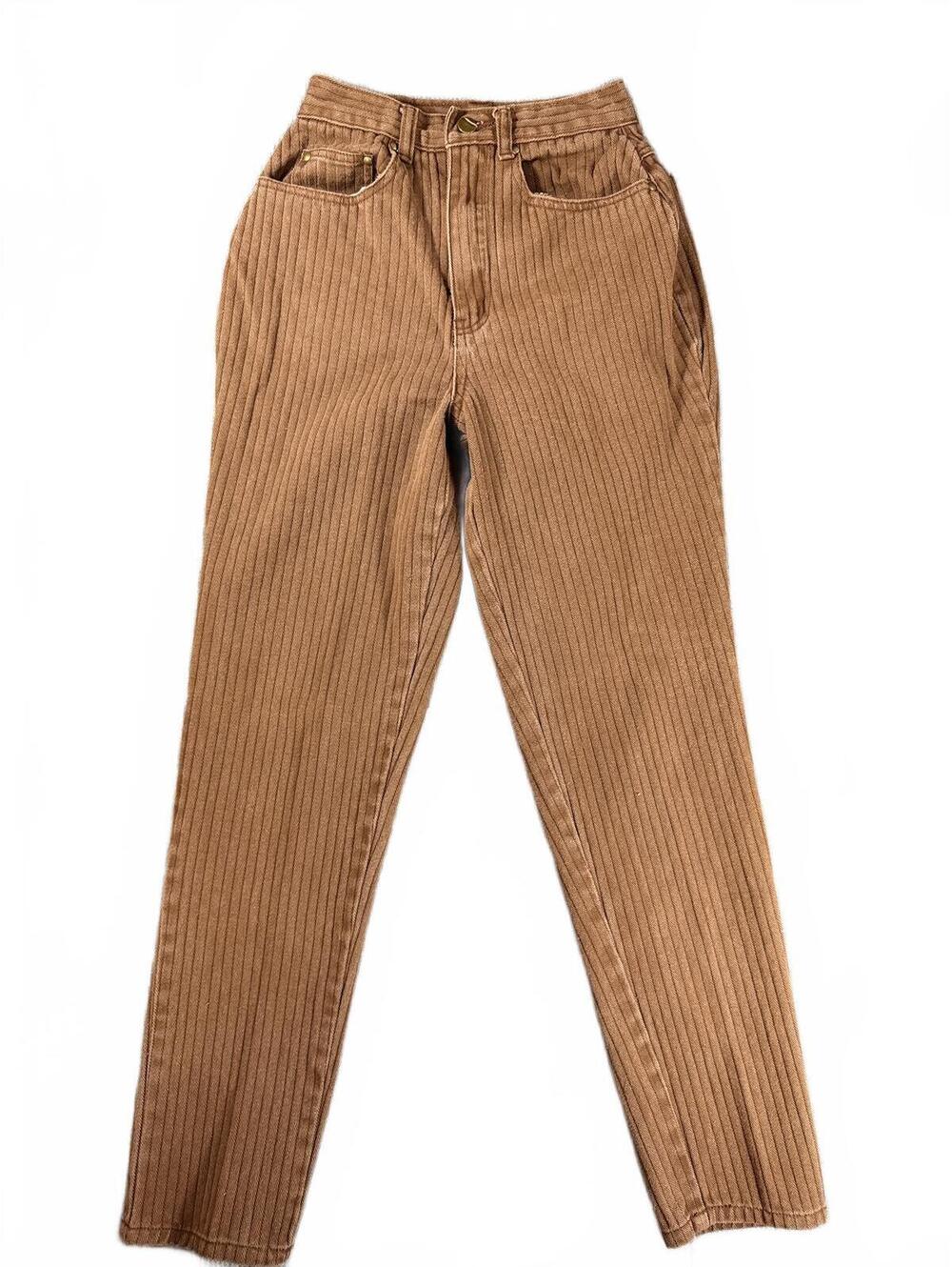 Vintage 80s High Rise Striped Mom Jeans Brown Cotton Tapered Pants Size 4